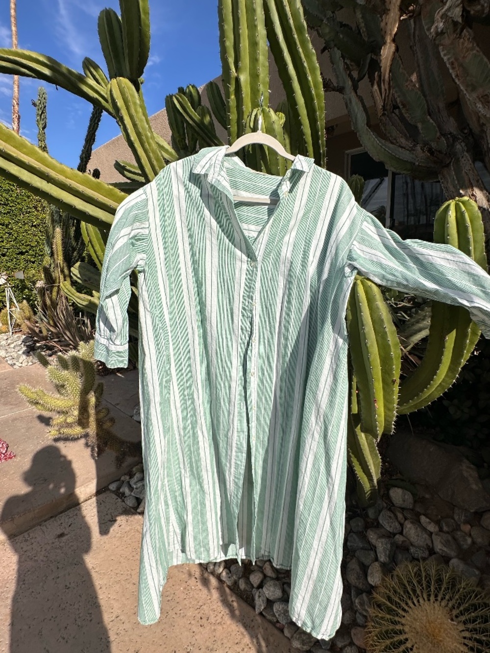 Samansa Mos2 Green White Striped Button Front Shirt Midi Dress Lagenlook